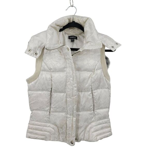 Y2K Bebe White Quilted Hooded Vest Faux Fur Trim M Logo Print Chic City - Picture 11 of 11